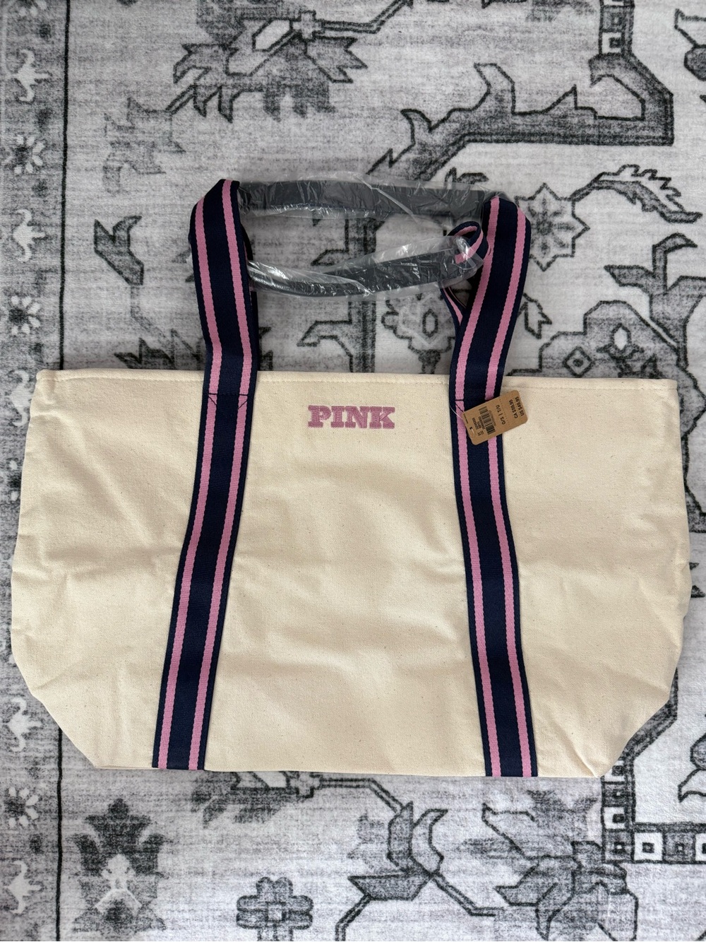 PINK Victoria's Secret Cream Canvas Tote with Navy & Pink Straps